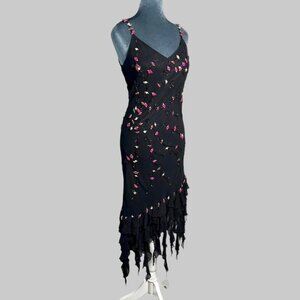 Y2K gothic fairycore beaded silk ribbon flower asymmetrical ruffle fringe dress